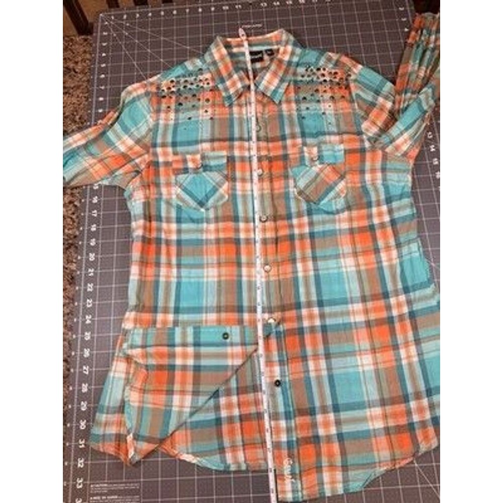 Cruel Women's Large Plaid Western Shirt Rhinestone Studded Turquoise Coral - Picture 9 of 12